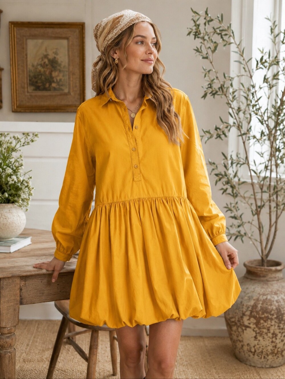 Maeve Anthropologie Bubble Hem Babydoll Mini Dress Yellow Cotton Oversized XS
